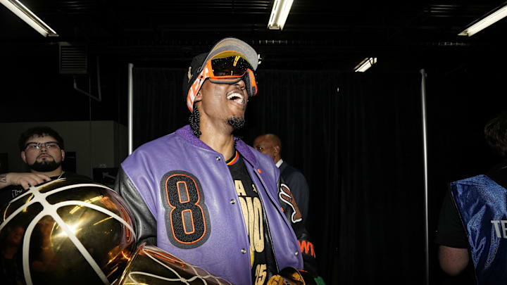 Jun 22, 2025; Oklahoma City, Oklahoma, USA; Oklahoma City Thunder forward Jalen Williams (8) celebrates after winning game seven of the 2025 NBA Finals against the Indiana Pacers at Paycom Center. Mandatory Credit: Kyle Terada-Imagn Images