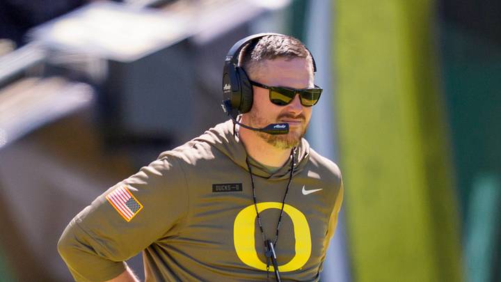 Oregon head coach Dan Lanning looks on during the Oregon Ducks annual spring game on April 25, 2026 at Autzen Stadium in Eugene, Oregon Oregon head coach Dan Lanning looks on during the Oregon Ducks annual spring game on April 25, 2026 at Autzen Stadium in Eugene, Oregon