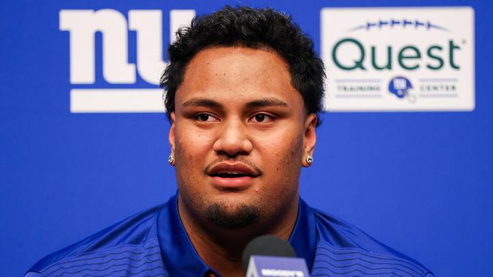 Apr 24, 2026; East Rutherford, NJ, USA; New York Giants draft pick Francis Mauigoa addresses the media during the introductory press conference at Quest Diagnostics Training Center. Mandatory Credit: Tom Horak-Imagn Images