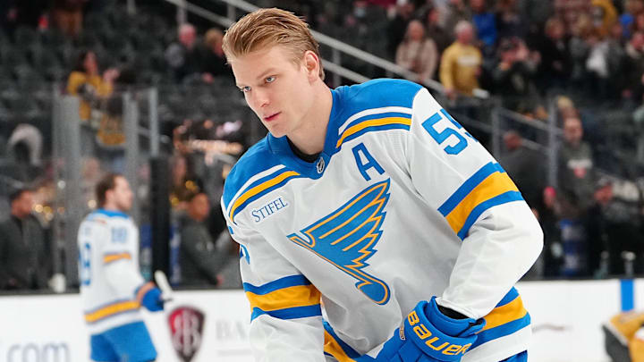 Jan 10, 2026; Las Vegas, Nevada, USA; St. Louis Blues defenseman Colton Parayko (55) warms up before a game against the Vegas Golden Knights at T-Mobile Arena. Mandatory Credit: Stephen R. Sylvanie-Imagn Images