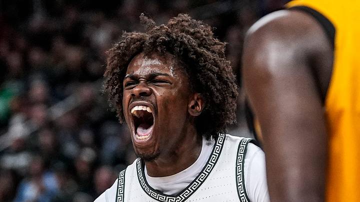 Michigan State forward Coen Carr (55) celebrates a play against Oakland during the second half at Little Caesars Arena in Detroit on Saturday, Dec. 20, 2025. Michigan State forward Coen Carr (55) celebrates a play against Oakland during the second half at Little Caesars Arena in Detroit on Saturday, Dec. 20, 2025.