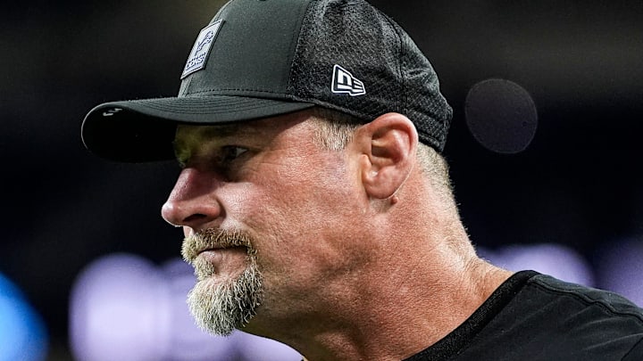 Detroit Lions head coach Dan Campbell watches warm up ahead of the New York Giants game at Ford Field 