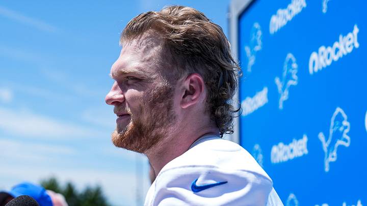 Detroit Lions defensive end Aidan Hutchinson (97) speaks to media after practice during OTAs Detroit Lions defensive end Aidan Hutchinson (97) speaks to media after practice during OTAs