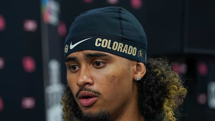 Jul 9, 2025; Frisco, TX, USA; Colorado quarterback Julian Lewis speaks with the media during 2025 Big 12 Football Media Days at The Star. Mandatory Credit: Raymond Carlin III-Imagn Images