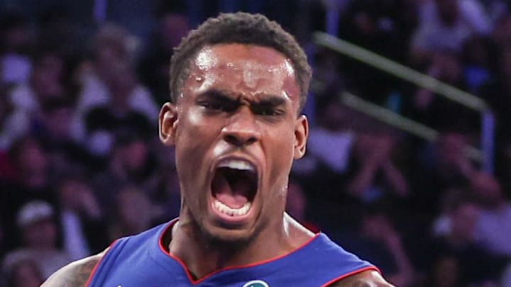 Apr 19, 2025; New York, New York, USA; Detroit Pistons center Jalen Duren (0) : Wendell Cruz-Imagn Images