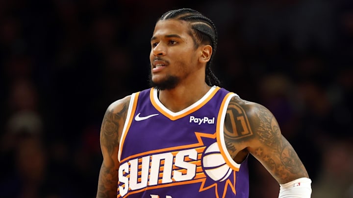 Jan 30, 2026; Phoenix, Arizona, USA; Phoenix Suns guard Jalen Green (4) against the Cleveland Cavaliers at Mortgage Matchup Center. Mandatory Credit: Mark J. Rebilas-Imagn Images