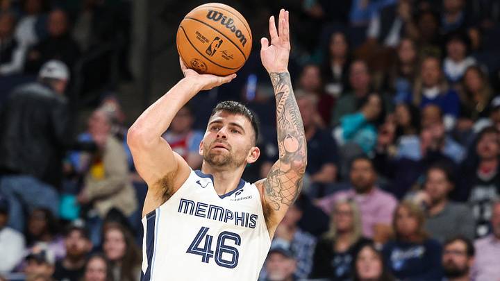 Oct 25, 2025; Memphis, Tennessee, USA; Memphis Grizzlies guard John Konchar (46) Mandatory Credit: Wesley Hale-Imagn Images