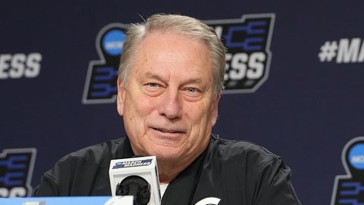 Mar 18, 2026; Buffalo, NY, USA; Michigan State Spartans Head Coach Tom Izzo answers questions during a press conference prior to a practice session ahead of the first round of the men's 2026 NCAA Tournament at Keybank Center.
