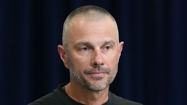 Feb 24, 2026; Indianapolis, IN, USA; Las Vegas Raiders general manager John Spytek speaks at the NFL Scouting Combine at the Indiana Convention Center. Mandatory Credit: Kirby Lee-Imagn Images Feb 24, 2026; Indianapolis, IN, USA; Las Vegas Raiders general manager John Spytek speaks at the NFL Scouting Combine at the Indiana Convention Center. Mandatory Credit: Kirby Lee-Imagn Images
