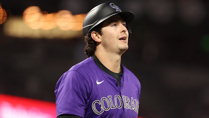 May 2, 2025; San Francisco, California, USA; Colorado Rockies first baseman Michael Toglia (4) reacts after striking out against the San Francisco Giants during the fifth inning at Oracle Park