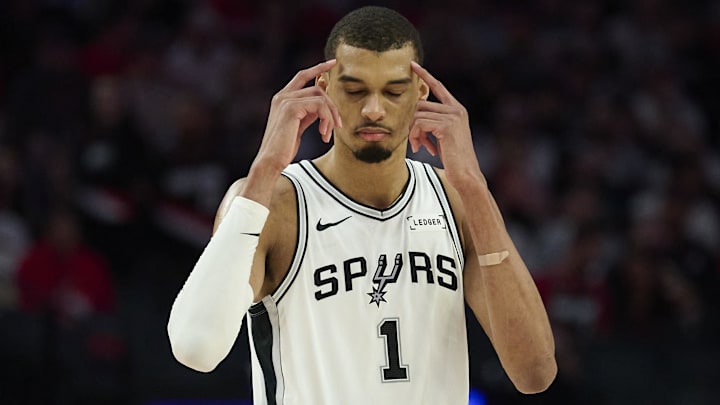 Apr 26, 2026; Portland, Oregon, USA; San Antonio Spurs forward Victor Wembanyama (1) encourages a teammate to be smart during the second half against the Portland Trail Blazers during game four of the first round of the 2026 NBA Playoffs at Moda Center. Mandatory Credit: Troy Wayrynen-Imagn Images
