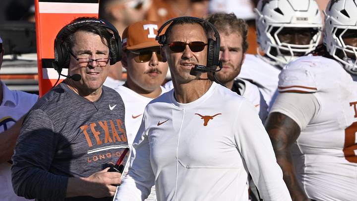 Texas Longhorns head coach Steve Sarkisian looks on during the second half against the Oklahoma Sooners at Cotton Bowl. Texas Longhorns head coach Steve Sarkisian looks on during the second half against the Oklahoma Sooners at Cotton Bowl.