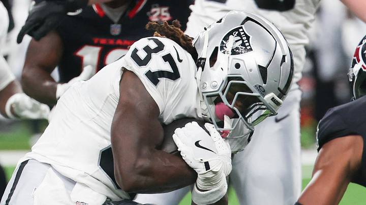 Aug 20, 2026; Houston, Texas, USA; Las Vegas Raiders running back Roman Hemby (37) rushes against Houston Texans cornerback Bryce Hall (34) in the second half at Reliant Stadium. Mandatory Credit: Thomas Shea-Imagn Images Aug 20, 2026; Houston, Texas, USA; Las Vegas Raiders running back Roman Hemby (37) rushes against Houston Texans cornerback Bryce Hall (34) in the second half at Reliant Stadium. Mandatory Credit: Thomas Shea-Imagn Images