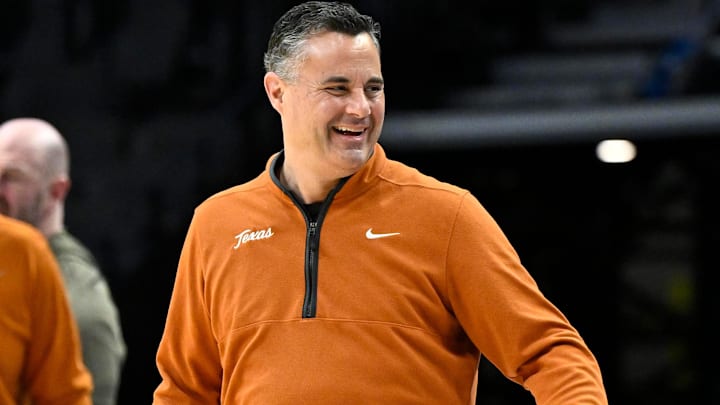 Texas Longhorns head coach Sean Miller smiles during a practice session ahead of the first round of the men's 2026 NCAA Tournament at Moda Center