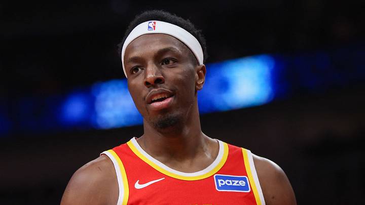 Atlanta Hawks center Onyeka Okongwu (17) reacts against the New York Knicks at State Farm Arena on December 22, 2025.
