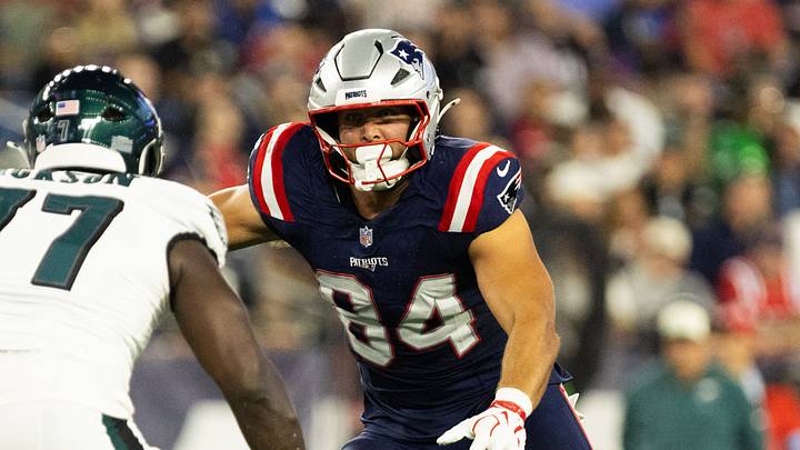 Aug 22, 2026; Foxborough, Massachusetts, USA; New England Patriots tight end Tanner Arkin (84) blocks Philadelphia Eagles outside linebacker Tarron Jackson (77) in the first half at Gillette Stadium. Mandatory Credit: Edward Finan-Imagn Images Aug 22, 2026; Foxborough, Massachusetts, USA; New England Patriots tight end Tanner Arkin (84) blocks Philadelphia Eagles outside linebacker Tarron Jackson (77) in the first half at Gillette Stadium. Mandatory Credit: Edward Finan-Imagn Images