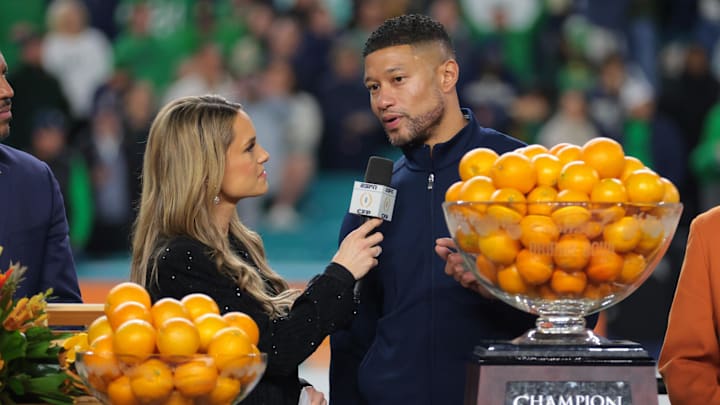 (EDITORS NOTE: caption correction) Jan 9, 2025; Miami, FL, USA; Notre Dame Fighting Irish head coach Marcus Freeman celebrates defeating the Penn State Nittany Lions  in the Orange Bowl at Hard Rock Stadium. 