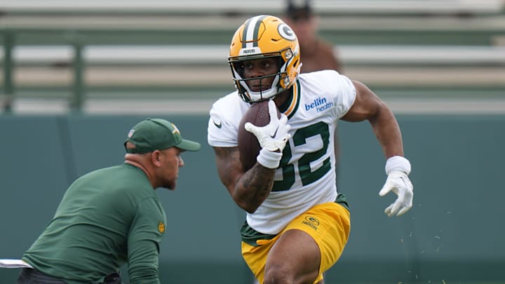 Running back MarShawn Lloyd (32) is shown during organized team activities last year.
