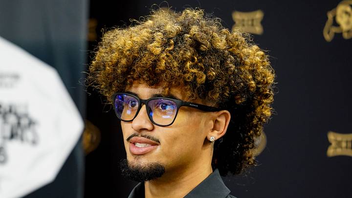Jul 7, 2026; Frisco, TX, USA;  Colorado quarterback Julian Lewis speaks with  reporters during Big 12 Conference Football Media Days at The Star. Mandatory Credit: Raymond Carlin III-Imagn Images