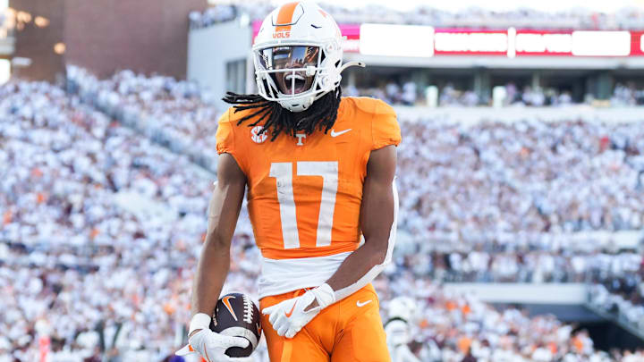 Tennessee wide receiver Chris Brazzell II (17) celebrates after scoring a touchdown that was later called back for offensive pass interference during a college football game between Tennessee and Mississippi State at Davis Wade Stadium in Starkville, Miss., on Sept. 27, 2025.