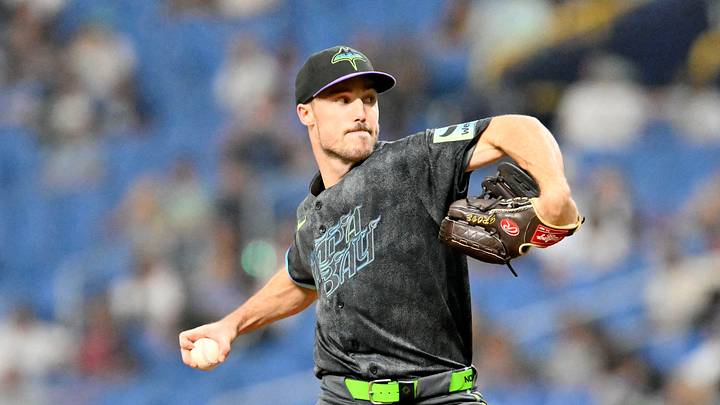 Jun 27, 2026; St. Petersburg, Florida, USA; Tampa Bay Rays pitcher Michael Grove (58) delivers a pitch during the fifth inning against Arizona Diamondbacks at Tropicana Field. Mandatory Credit: Pablo Robles-Imagn Images