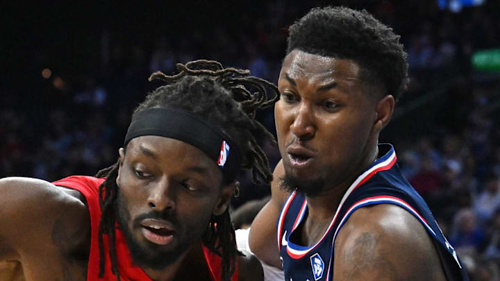 Portland Trail Blazers forward Jerami Grant and Philadelphia 76ers forward Justin Edwards.