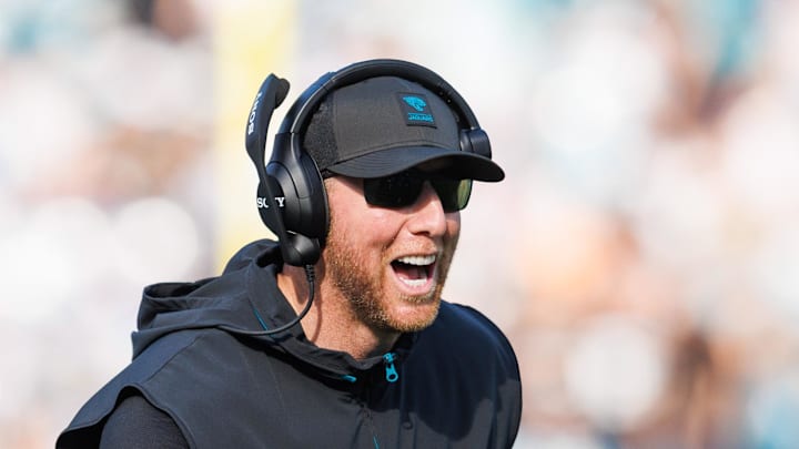 Nov 16, 2025; Jacksonville, Florida, USA; Jacksonville Jaguars head coach Liam Coen reacts to a touchdown against the Los Angeles Chargers during the third quarter at EverBank Stadium. Mandatory Credit: Morgan Tencza-Imagn Images