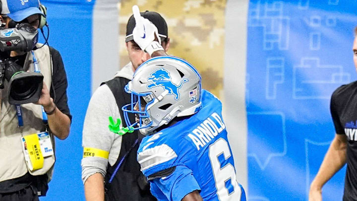 Detroit Lions cornerback Terrion Arnold (6) celebrates against tackle against Minnesota Vikings wide receiver Jordan Addison (3) Detroit Lions cornerback Terrion Arnold (6) celebrates against tackle against Minnesota Vikings wide receiver Jordan Addison (3)