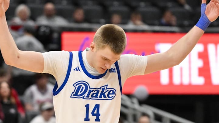 Mar 9, 2025; St. Louis, Missouri, USA; Drake Bulldogs guard Bennett Stirtz (14) reacts during the second half of the Missouri Valley Conference Tournament Championship against the Bradley Braves at Enterprise Center. Mandatory Credit: Jeff Curry-Imagn Images Mar 9, 2025; St. Louis, Missouri, USA; Drake Bulldogs guard Bennett Stirtz (14) reacts during the second half of the Missouri Valley Conference Tournament Championship against the Bradley Braves at Enterprise Center. Mandatory Credit: Jeff Curry-Imagn Images