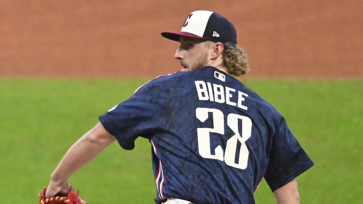 May 9, 2026; Cleveland, Ohio, USA; Cleveland Guardians starting pitcher Tanner Bibee (28) delivers a pitch in the first inning against the Minnesota Twins at Progressive Field. Mandatory Credit: David Richard-Imagn Images
