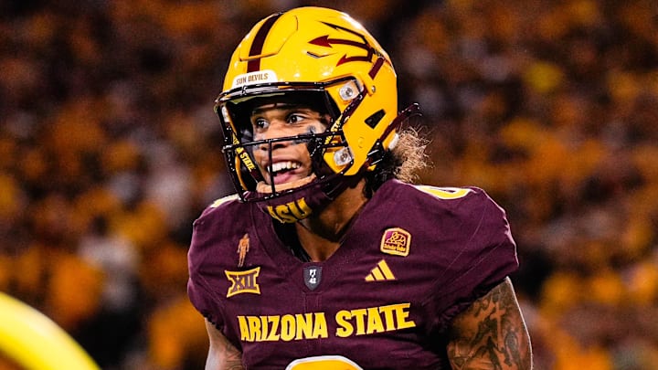 Aug 30, 2025; Tempe, Arizona, USA;  Arizona State Sun Devils wide receiver Jordyn Tyson (0) celebrates his touchdown in the first quarter between Arizona State Sun Devils and Northern Arizona Lumberjacks at Mountain America Stadium. Mandatory Credit: Arianna Grainey-Imagn Images