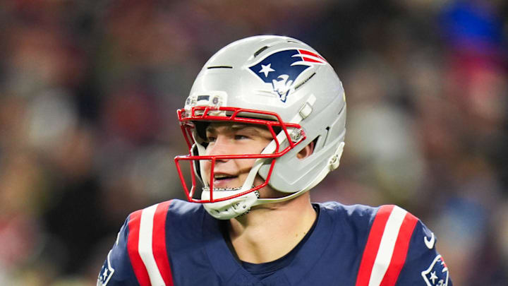 New England Patriots quarterback Drake Maye smiles after a touchdown pass against the Los Angeles Chargers