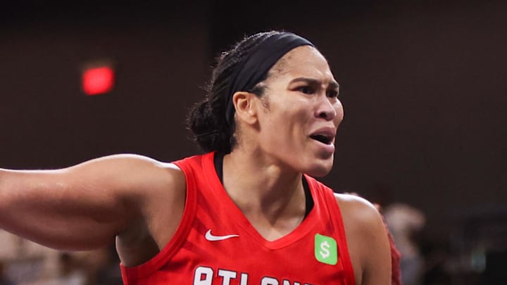 Atlanta Dream forward Brionna Jones reacts to a call against the Indiana Fever