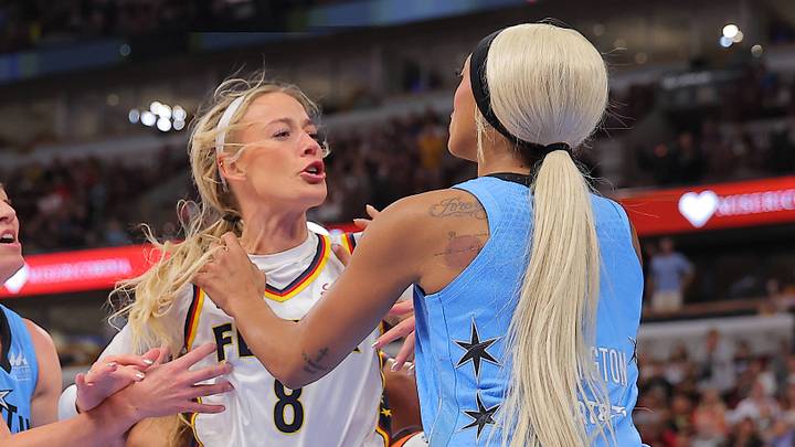 Sophie Cunningham and Dijonai Carrington during a Fever vs. Sky game. Sophie Cunningham and Dijonai Carrington during a Fever vs. Sky game.