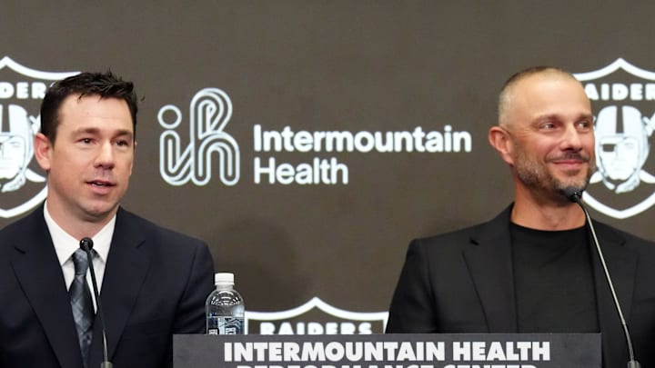 Feb 10, 2026; Henderson, NV, USA; Las Vegas Raiders coach Klint Kubiak (left) and general manager John Spytek at introductory press conference at Intermountain Health Performance Center. Mandatory Credit: Kirby Lee-Imagn Images