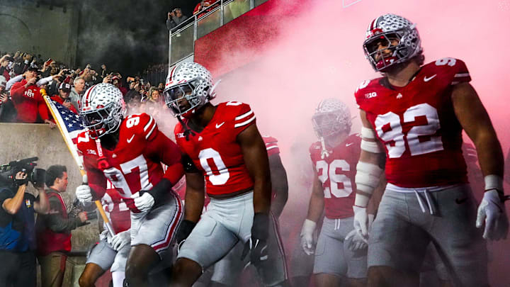 Ohio State head coach Ryan Day and the Buckeyes take the field before the NCAA college football game against the UCLA Bruins at Ohio Stadium on Saturday, Nov. 15, 2025 in Columbus, Ohio.