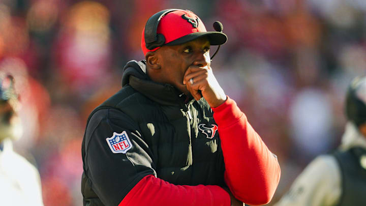 Dec 21, 2024; Kansas City, Missouri, USA; Houston Texans head coach DeMeco Ryans reacts after an injury to wide receiver Tank Dell (not pictured) during the second half against the Kansas City Chiefs at GEHA Field at Arrowhead Stadium. Mandatory Credit: Jay Biggerstaff-Imagn Images
