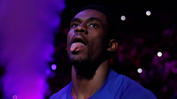Detroit Pistons center Jalen Duren (0) reacts before game seven of the second round of the 2026 NBA Playoffs against the Cleveland Cavaliers at Little Caesars Arena on March 17, 2026.