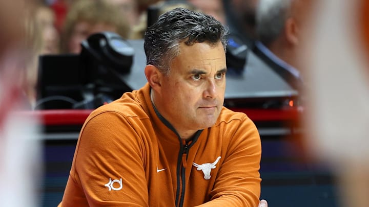 Jan 10, 2026; Tuscaloosa, Alabama, USA; Texas Longhorns head coach Sean Miller observes from the sidelines during the second half against the Alabama Crimson Tide at Coleman Coliseum. Mandatory Credit: David Leong-Imagn Images