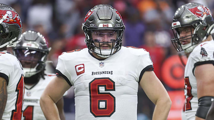Tampa Bay Buccaneers quarterback Baker Mayfield reacts after a play.