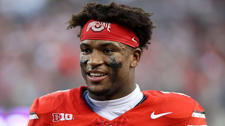 Sep 13, 2025; Columbus, Ohio, USA; Ohio State Buckeyes safety Caleb Downs (2) reacts during the first quarter against the Ohio Bobcats during the second half at Ohio Stadium. Mandatory Credit: Joseph Maiorana-Imagn Images Sep 13, 2025; Columbus, Ohio, USA; Ohio State Buckeyes safety Caleb Downs (2) reacts during the first quarter against the Ohio Bobcats during the second half at Ohio Stadium. Mandatory Credit: Joseph Maiorana-Imagn Images