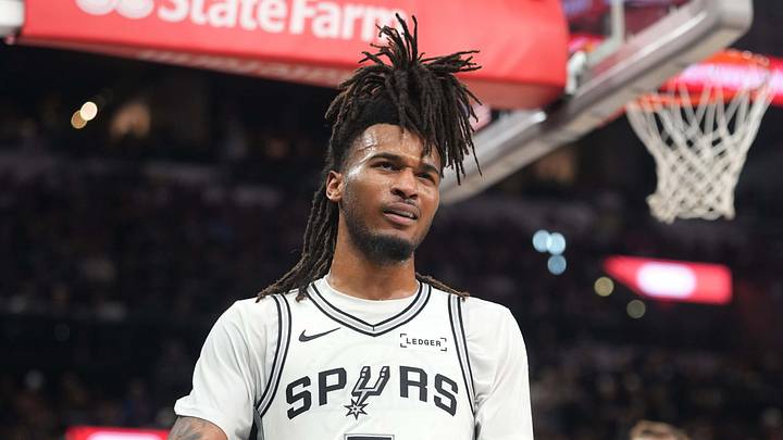 Apr 28, 2026; San Antonio, Texas, USA; San Antonio Spurs guard Stephon Castle (5) reacts during the second half of game five of the first round of the 2026 NBA Playoffs against the Portland Trail Blazers at Frost Bank Center. Mandatory Credit: Scott Wachter-Imagn Images Apr 28, 2026; San Antonio, Texas, USA; San Antonio Spurs guard Stephon Castle (5) reacts during the second half of game five of the first round of the 2026 NBA Playoffs against the Portland Trail Blazers at Frost Bank Center. Mandatory Credit: Scott Wachter-Imagn Images