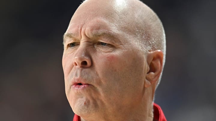 Feb 22, 2025; Spokane, Washington, USA; St. Mary's Gaels head coach Randy Bennett looks on during a game against the Gonzaga Bulldogs in the first half at McCarthey Athletic Center. Mandatory Credit: James Snook-Imagn Images