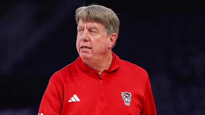Mar 6, 2026; Duluth, GA, USA; North Carolina State Wolfpack head coach Wes Moore on the sideline against the Notre Dame Fighting Irish in the second quarter at Gas South Arena. Mandatory Credit: Brett Davis-Imagn Images