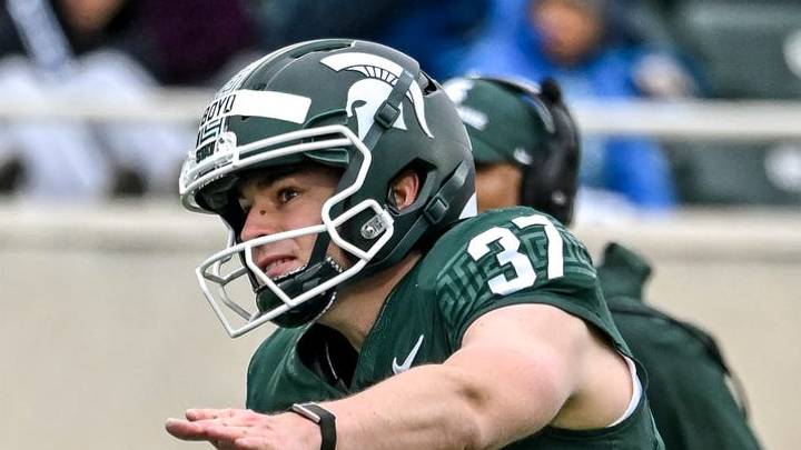 Michigan State's Liam Boyd kicks a field goal during the football Spring Showcase on Saturday, April 18, 2026, at Spartan Stadium in East Lansing.