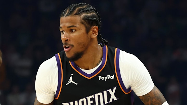 Feb 24, 2026; Phoenix, Arizona, USA; Phoenix Suns guard Jalen Green (4) against the Boston Celtics in the first half at Mortgage Matchup Center. Mandatory Credit: Mark J. Rebilas-Imagn Images Feb 24, 2026; Phoenix, Arizona, USA; Phoenix Suns guard Jalen Green (4) against the Boston Celtics in the first half at Mortgage Matchup Center. Mandatory Credit: Mark J. Rebilas-Imagn Images