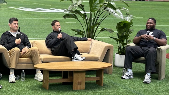New England Patriots stars Tedy Bruschi, Danny Amendola and Milton Williams speak at The Track at New Balance in Boston.