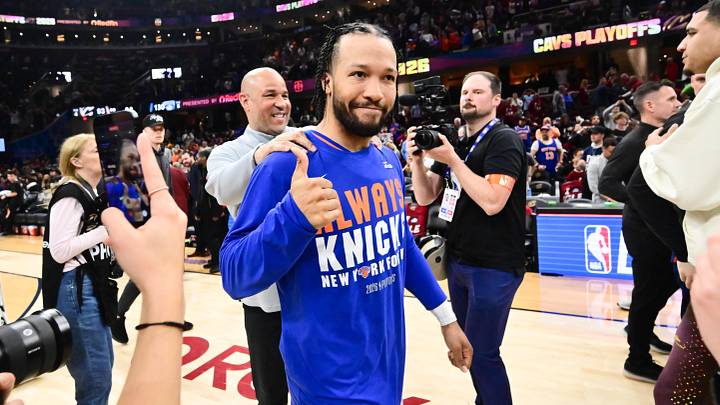 May 25, 2026; Cleveland, Ohio, USA; New York Knicks guard Jalen Brunson (11) reacts after defeating the Cleveland Cavaliers in game four of the eastern conference finals for the 2026 NBA playoffs at Rocket Arena. Mandatory Credit: Ken Blaze-Imagn Images May 25, 2026; Cleveland, Ohio, USA; New York Knicks guard Jalen Brunson (11) reacts after defeating the Cleveland Cavaliers in game four of the eastern conference finals for the 2026 NBA playoffs at Rocket Arena. Mandatory Credit: Ken Blaze-Imagn Images