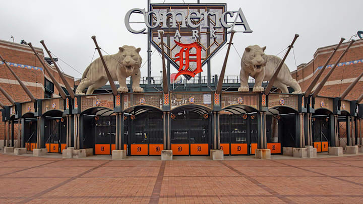 Streets and parking lots surrounding Comerica Park in downtown Detroit were nearly empty on Friday, March 27, 2020 during a state order for residents to stay at home amid the coronavirus pandemic.

Opening Day Comp 1 tiger statue, comerica park logo