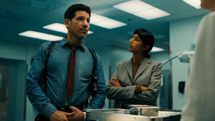 (L to R) Jon Bernthal as Detective Jack Harper and Sunita Mani as Priya in Episode #102 of His & Hers
